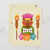 Carte Postale Statue Tiki, Torches et Fleur Hibiscus (Devant / Derrière)