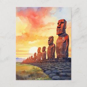 Carte Postale Statues Moai de l'île de Pâques Coucher de soleil