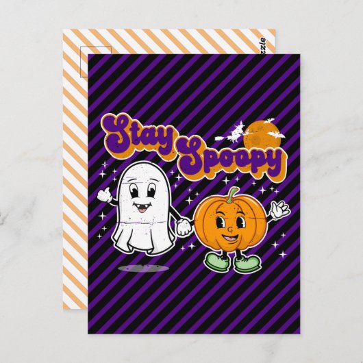 Carte Postale Stay Spoopy : mignon Halloween Ghost & Citrouille (Devant / Derrière)