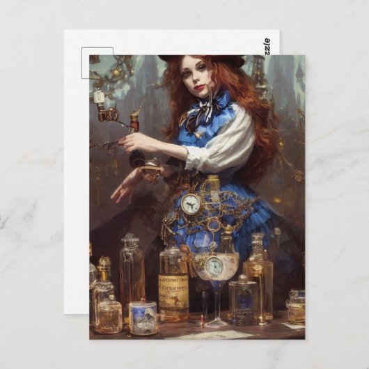 Carte Postale Steampunk Alice dans le laboratoire (Devant / Derrière)