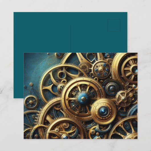 Carte Postale Steampunk Horkwork Or et Turquoise (Devant / Derrière)
