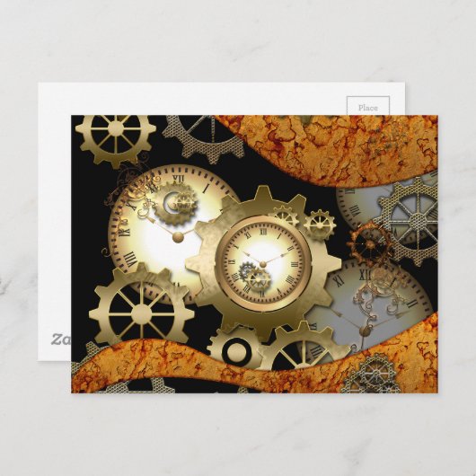 Carte Postale Steampunk, horloges et engrenages (Devant / Derrière)
