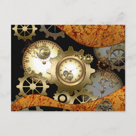 Carte Postale Steampunk, horloges et engrenages (Devant)