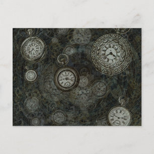 Carte Postale Steampunk time travel print, noir, argent montres
