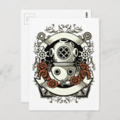 Carte Postale Steampunk Victorian Deep Sea Diver Roses rouges (Devant / Derrière)