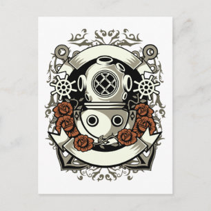 Carte Postale Steampunk Victorian Deep Sea Diver Roses rouges