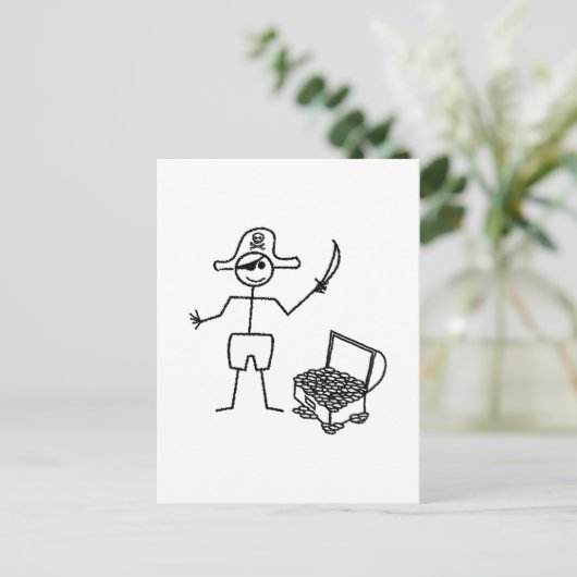 Carte Postale Stickman Pirate Avec Poitrine Au Trésor (Debout devant)