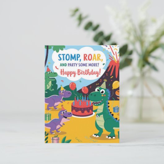 Carte Postale "Stomp, Rar & Fête Un Peu Plus Dino Kids Design (Debout devant)