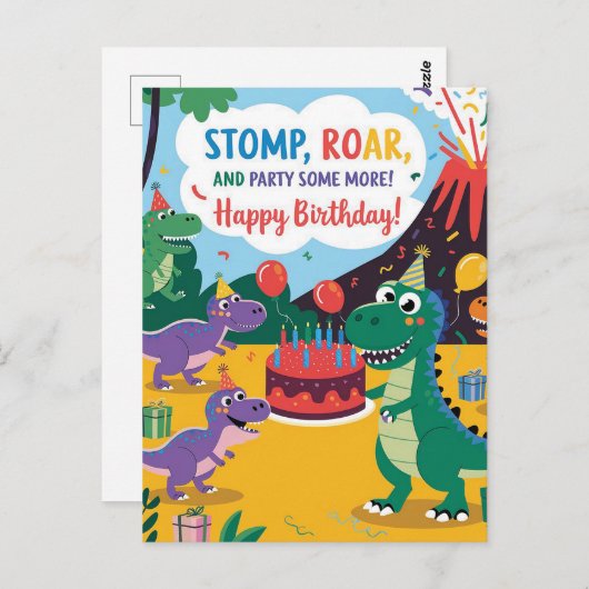 Carte Postale "Stomp, Rar & Fête Un Peu Plus Dino Kids Design (Devant / Derrière)