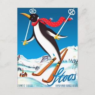 Carte Postale Stoos, Manchot sur un ski, montagnes suisses