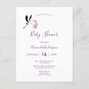 Carte Postale Stork fille rose violet blanc mignon baby shower