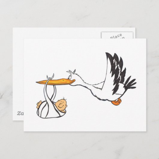 Carte Postale Stork with Baby - Cadeau pour parents à être (Devant / Derrière)