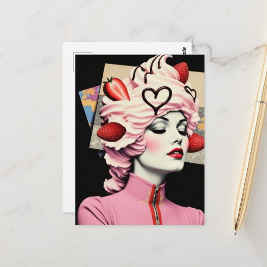 Carte Postale Strawberry Dessert Woman Mixed Media Collage (Devant/Arrière en situation)