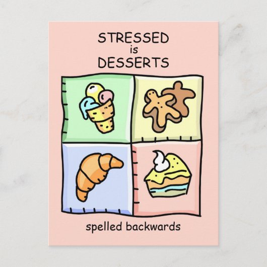 Carte Postale STRESSED est DESSERTS orthographiés à l'envers (Devant)