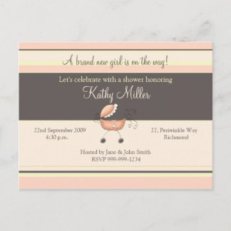 Carte Postale Stripes & Stroller Rose ・ Invitation Baby shower