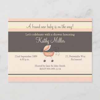 Carte Postale Stripes & Stroller Rose ・ Invitation Baby shower