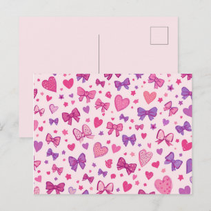 Carte Postale Style Coquette Rose Violet Nœud & Motif de Cœur