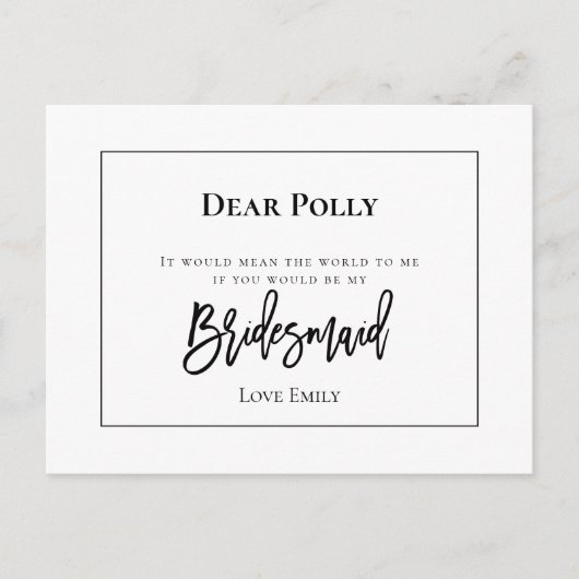 Carte Postale Style de typographie noire /Demande Bridesmaid (Devant)