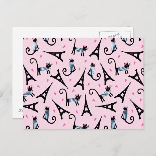 Carte Postale Style Français Chat Habillé Avec Motif Tour Eiffel (Devant / Derrière)