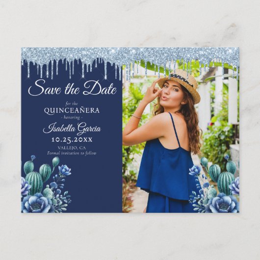 Carte Postale Style mexicain Blue Quinceañera Enregistrer la dat (Devant)