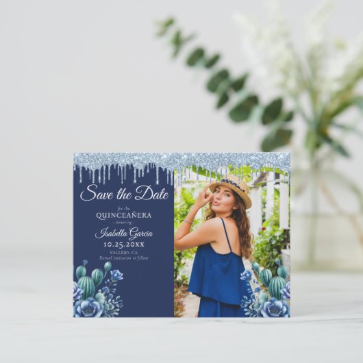 Carte Postale Style mexicain Blue Quinceañera Enregistrer la dat (Debout devant)