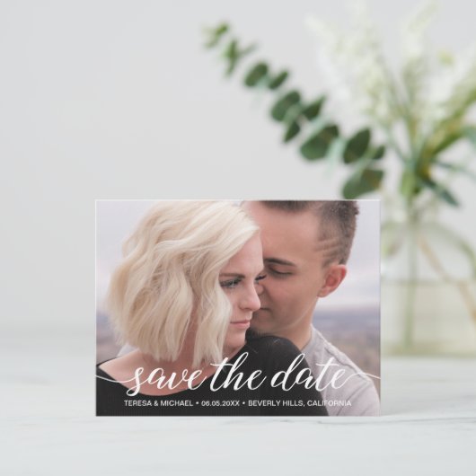 Carte Postale Style moderne blanc élégant Script Enregistrer la  (Debout devant)