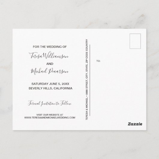 Carte Postale Style moderne blanc élégant Script Enregistrer la (Dos)