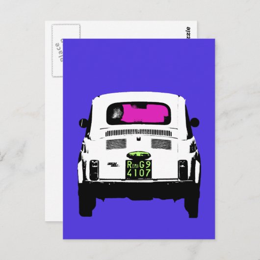 Carte Postale style pop art Fiat 500 à Rome (Devant / Derrière)
