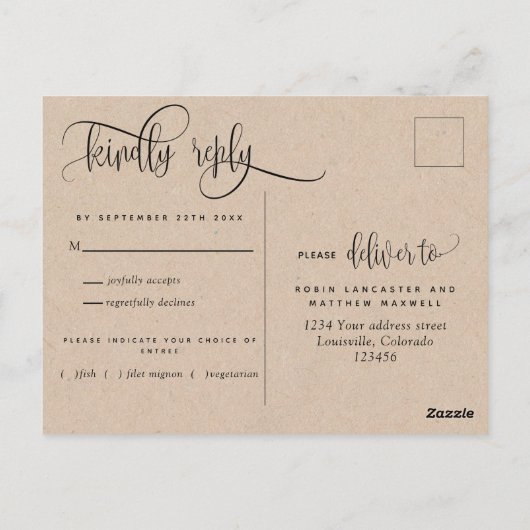 Carte Postale Style rustique Kraft, Script moderne, RSVP (Dos)
