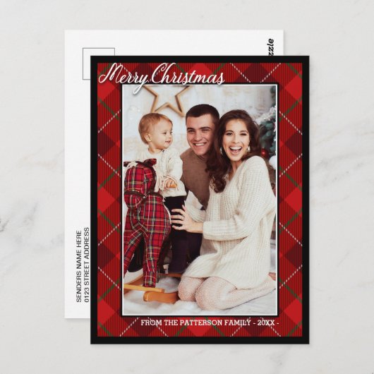Carte Postale Style Tartan élégant Joyeux Noël Famille Photo (Devant / Derrière)