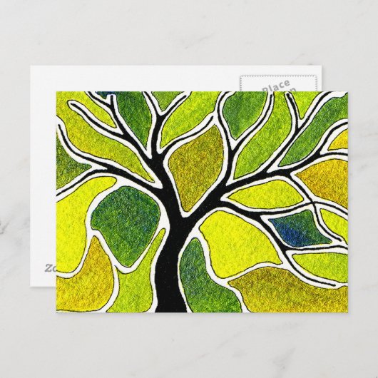 Carte Postale Stylet d'aquarelle et arbre d'encre - vert jaune (Devant / Derrière)