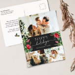 Carte Postale Stylish Dark Grey Botanical 3 Photo Holiday<br><div class="desc">Cette collection présente des fleurs rouges aquarelles,  des baies et de la verdure hivernale avec une typographie moderne et élégante,  avec un motif botanique d'hiver.</div>