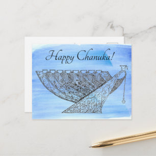Carte Postale Stylo orné et encre Chanukah Menorah sur bleu