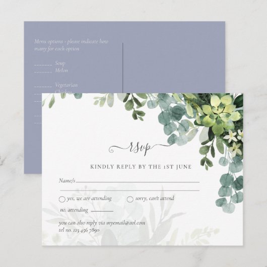 Carte Postale Sublime Dusty Bleu VERT MARIAGE Eucalyptus (Devant / Derrière)