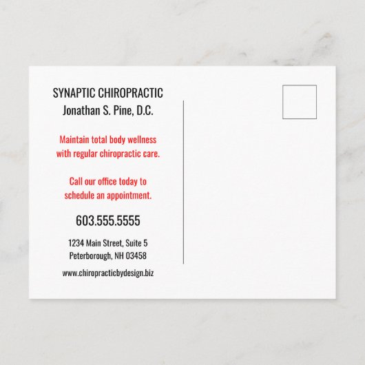 Carte Postale Subluxe Chiropratique Rappel/Réactivation (Dos)