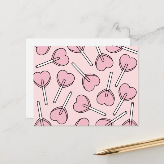 Carte Postale Sucettes roses, sucettes en forme de cœur, motif d (Devant/Arrière en situation)