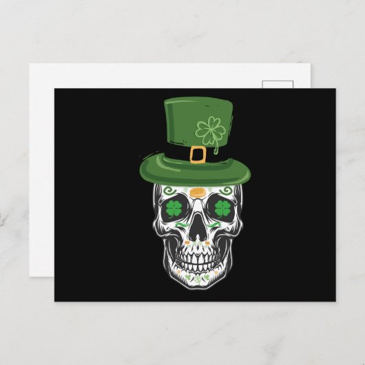Carte Postale Sugar Skull St Patrick Day Leprechaun Shamrock (Devant / Derrière)
