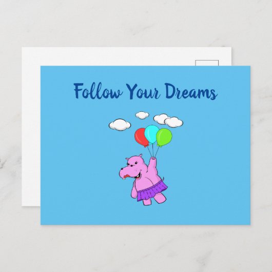 Carte Postale Suivez vos rêves mignon Hippo volant (Devant / Derrière)