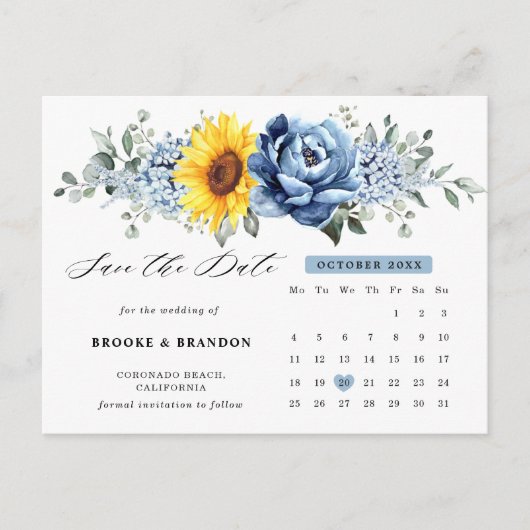 Carte Postale Sunflower Dusty Blue Peony Calendrier Enregistrer  (Devant)