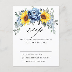 Carte Postale Sunflower Dusty Blue Slate Peony Wedding RSVP