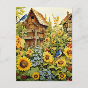 Carte Postale Sunflower Garden Bird Maisons Oiseaux bleus