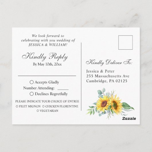 Carte Postale Sunflowers Eucalyptus Aquarelle Mariage RSVP (Dos)