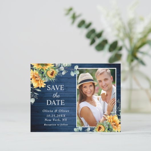 Carte Postale Sunflowers Eucalyptus Mariage rustique Enregistrer (Debout devant)