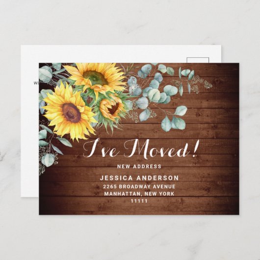 Carte Postale Sunflowers Eucalyptus Rustic Moving Faire-part (Devant / Derrière)