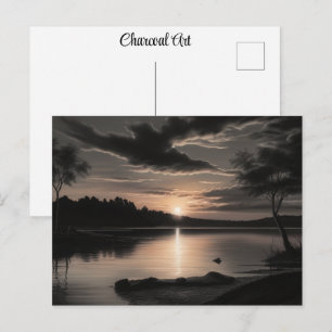 Carte Postale Sunset Sunrise Glassy Lake Charcoal Pencil Art