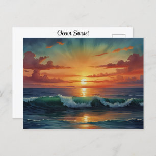 Carte Postale Sunset Sunrise Ocean Waves Colorée Aquarelle Art
