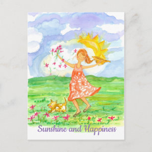 Carte Postale Sunshine et Bonheur Fille Chien Inspirationnel