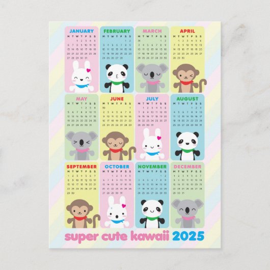 Carte Postale Super Cute Kawaii Animaux 2025 Calendrier (Devant)