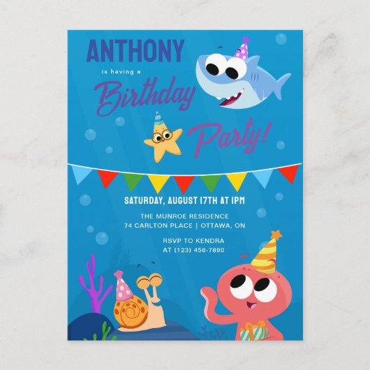 Carte Postale Super Simple | L'anniversaire de Finny le requin d (Devant)