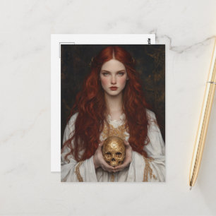 Carte Postale Superbe Dame Déesse aux Cheveux Rouges Avec Crâne 